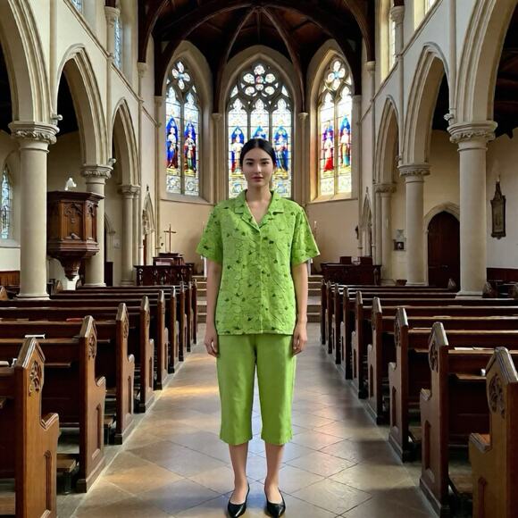 ButtonUp Top & CapriPants 2Pcs Set Denim & Co Green Embroidered Resort Lounge L - Picture 1 of 12